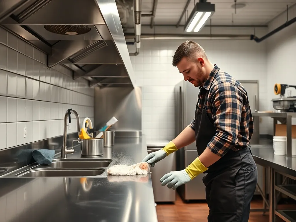 Professional janitor cleaning a shared office kitchen, focus