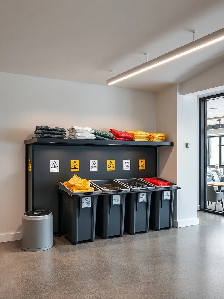 Modern office waste sorting station, minimalist design, clea
