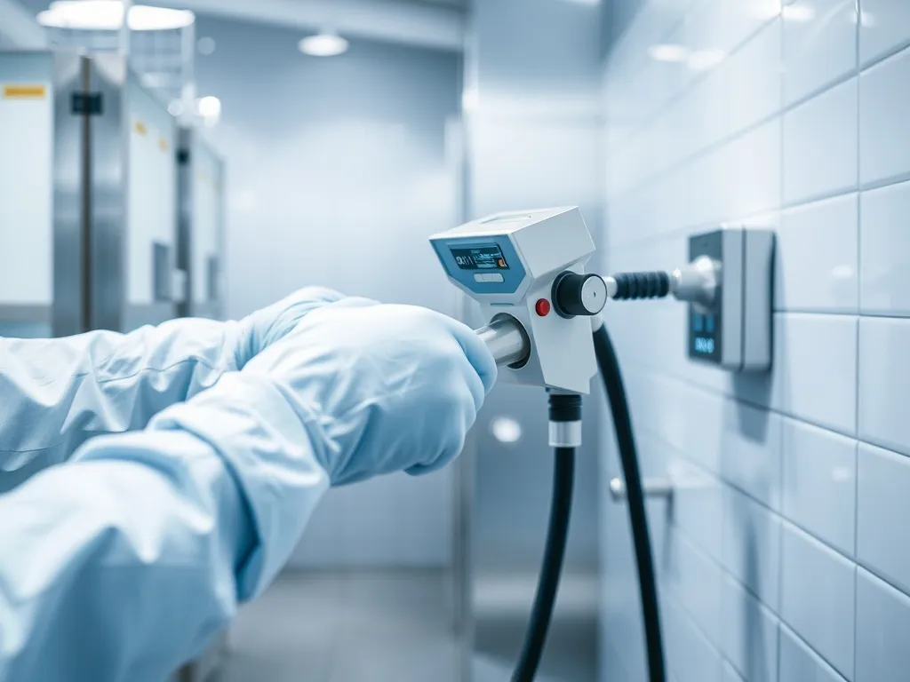 Professional industrial bathroom cleaning process, close up