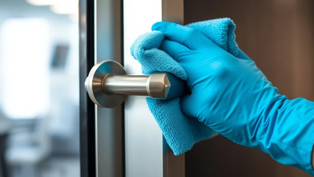 Close up of a gloved hand cleaning a metal door handle with